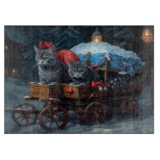 Oriental Blue Cat Snowy Sleigh Weihnachtsdekor Schneidebrett (Vorderseite)