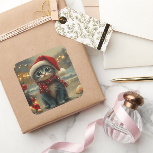 Oriental Blue Cat Weihnachtsstrand Vintag Quadratischer Aufkleber (Schenken)
