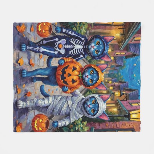 Oriental Blue Cats Trick-or-Treating Halloween Fleecedecke (Vorderseite (Horizontal))