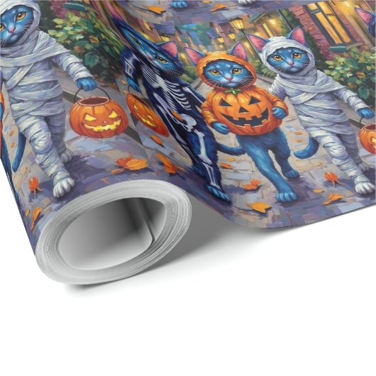 Oriental Blue Cats Trick-or-Treating Halloween Geschenkpapier (Rolleneckpunkt)