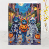 Oriental Blue Cats Trick-or-Treating Halloween Karte (Gelbe Blume)