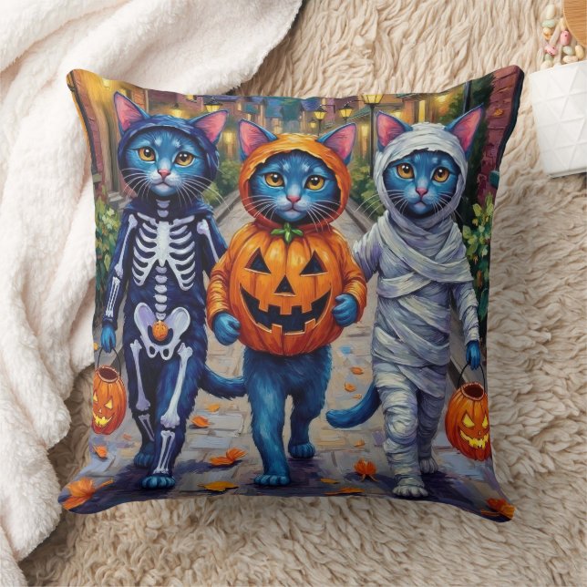 Oriental Blue Cats Trick-or-Treating Halloween Kissen (Decke)