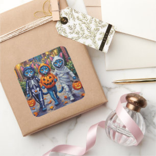 Oriental Blue Katzen beim Trick-or-Treat an Hallow Quadratischer Aufkleber