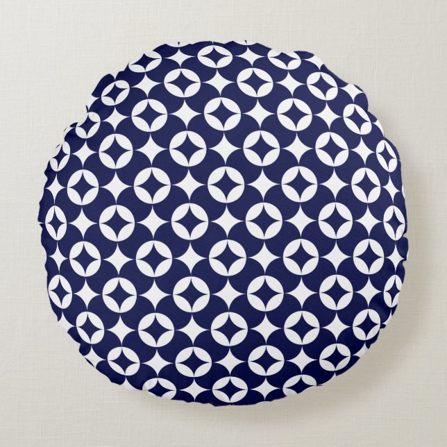 Oriental Blue Overlapping Circles Shippo Geometric Rundes Kissen (Vorderseite)
