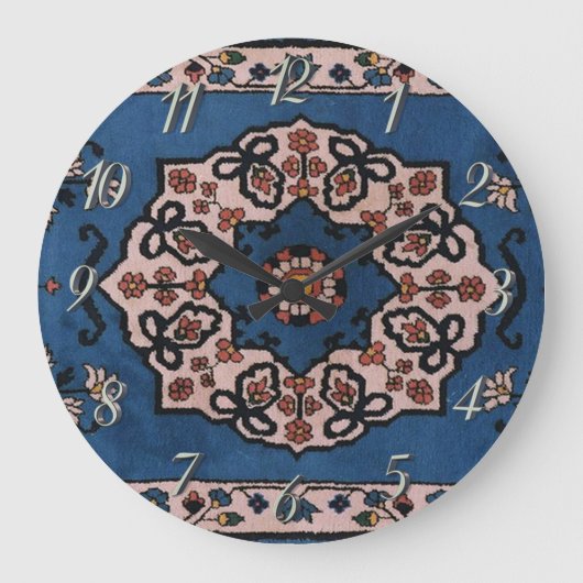 Oriental Blue Persian Turkish Pattern Carpet Große Wanduhr (Vorderseite)