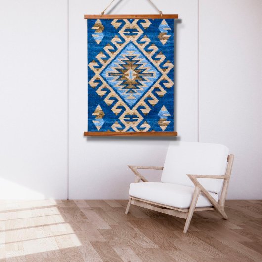 Oriental Blue Turkish Kilim Rug Wall Wandteppich Mit Holzrahmen