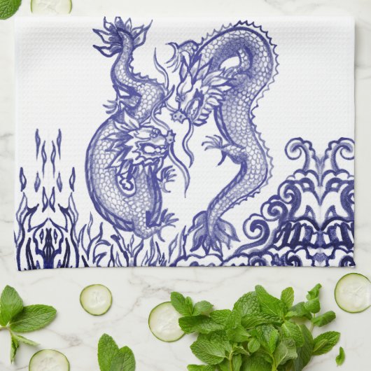 Oriental Blue White Dragon Chinesisches Feuer und Geschirrtuch (Gefaltet)