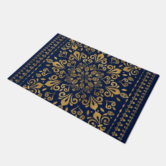 Oriental Damask Ornament - Gold auf dunkelblau #3 Fußmatte (Schrägansicht)