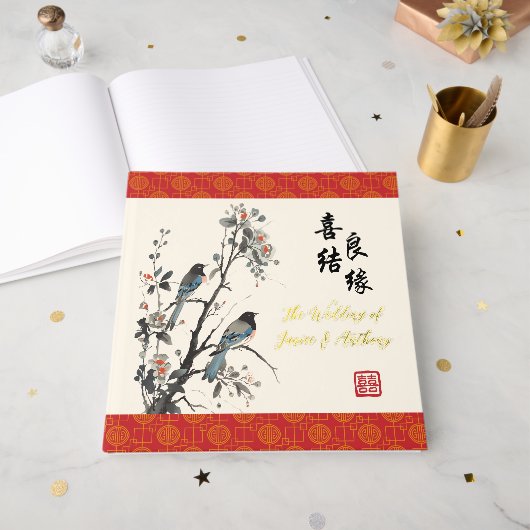 Oriental Flowers birds modern Chinese wedding  Gästebuch (Vorderseite Offen)