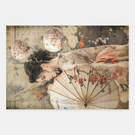 Oriental Geisha Ästhetik Schweres Gewicht Dekoupag Geschenkpapier Set (Vorderseite)