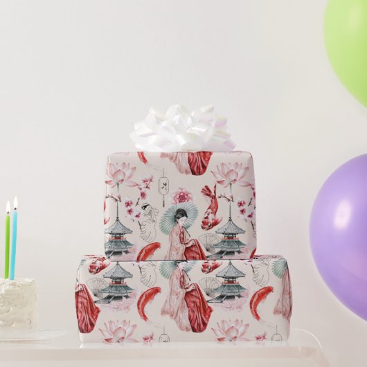 Oriental Geisha, Koi Fish, Japanisch Pagoda Geschenkpapier (Partygeschenke)