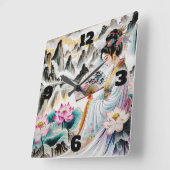 Oriental Geisha Lady, Mountains und Lotus Quadratische Wanduhr (Winkel)