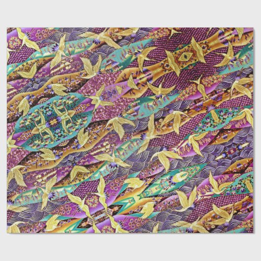 Oriental Golden Cranes Patchwork Wrapping Paper Geschenkpapier (Flach)