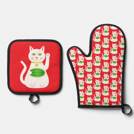 Oriental Lucky Cat Ofenhandschuh & Topflappen-Set (Vorderseite)
