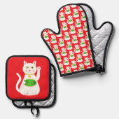 Oriental Lucky Cat Ofenhandschuh & Topflappen-Set (Vorderseite/Rückseite)