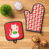 Oriental Lucky Cat Ofenhandschuh & Topflappen-Set (Oben Unten)