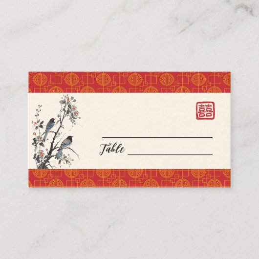 Oriental modern red flower bird Chinese wedding  Platzkarte (Vorderseite)