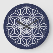 Oriental Navy Blue White Asanoha Japan Muster Große Wanduhr (Vorderseite)