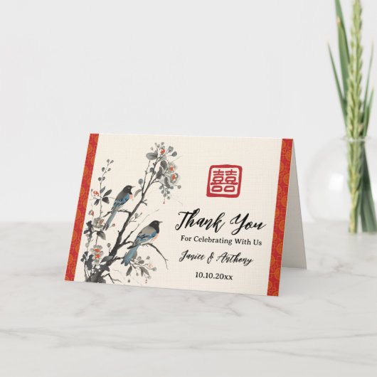 Oriental red flower bird Chinese wedding Dankeskarte (Vorderseite)