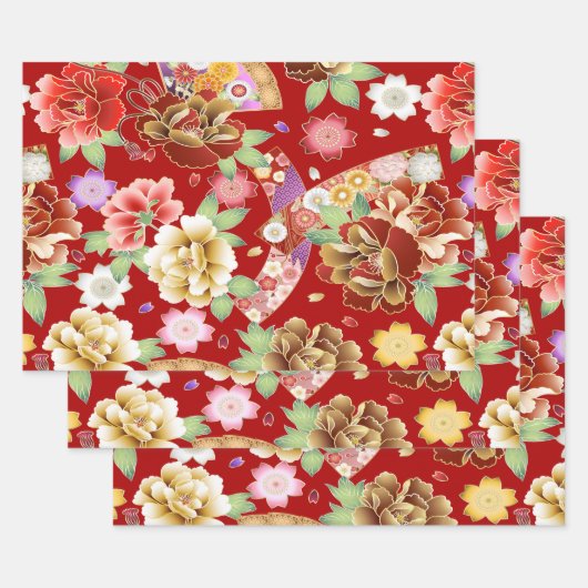 Oriental Red Gold Pink Modern Floral Geschenkpapier Set (Set)