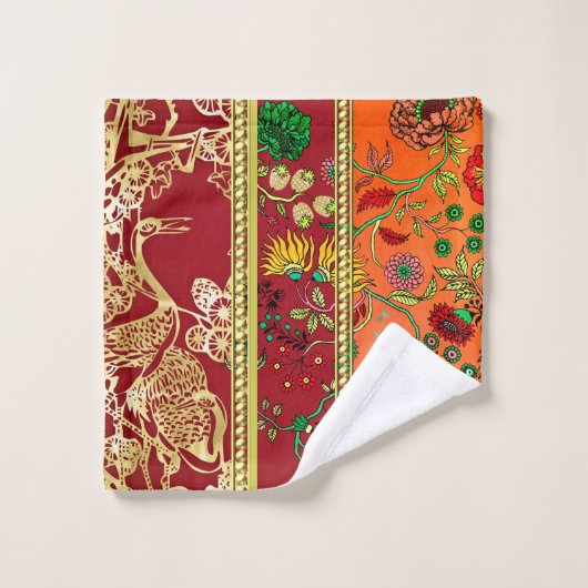 Oriental Red Rust Orange Florals Badhandtuch Set (Waschlappen)
