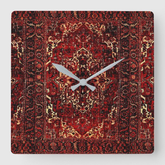 Oriental rug design in dark red quadratische wanduhr (Vorderseite)