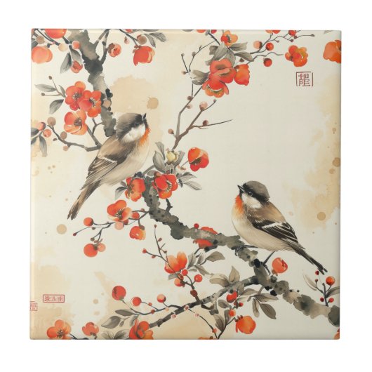 Oriental Songbirds and Blossom - Traditional Asian Fliese (Vorderseite)