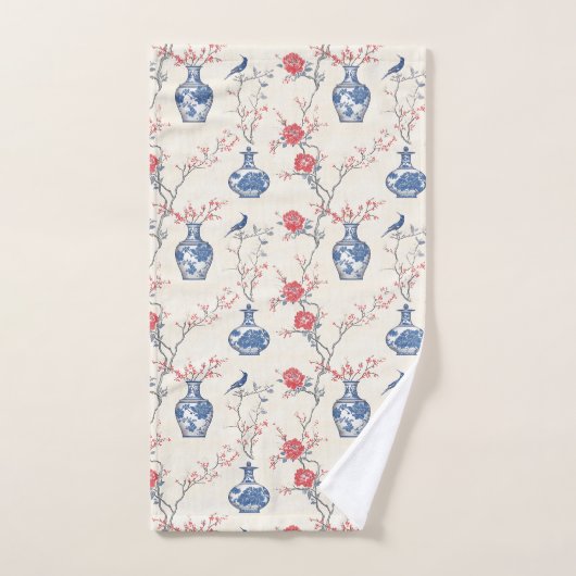 Orientale Eleganz: Blaues Porzellan und Blüten Badhandtuch Set (Handtuch)