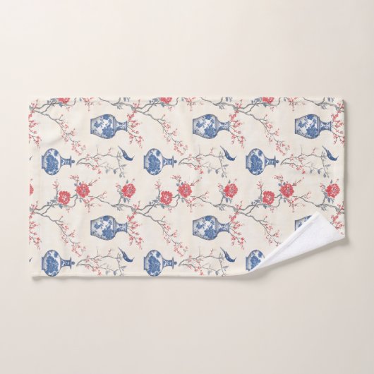 Orientale Eleganz: Blaues Porzellan und Blüten Badhandtuch Set (Handtuch)