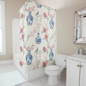 Orientale Eleganz: Blaues Porzellan und Blüten Duschvorhang (Beispiel)