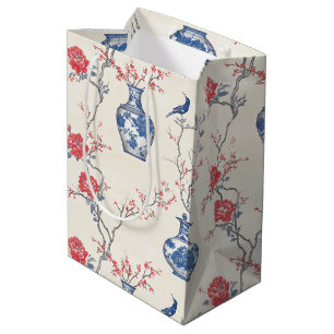 Orientale Eleganz: Blaues Porzellan und Blüten Mittlere Geschenktüte