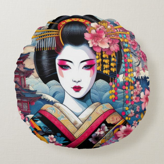 Orientale Schönheit Geisha Maiko sakura Blume Well Rundes Kissen (Vorderseite)