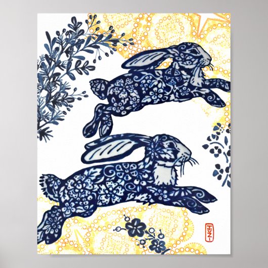 Orientalisch Blau und Weiß Chinoiserie Bunny Rabbi Poster (Vorne)