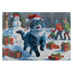 Orientalisch Blaue Katze sitzt in Schnee-Christmas Schneidebrett
