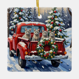 Orientalisch Blaue Katze Weihnachten Rotes Lastwag Keramikornament