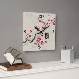 Orientalische Art Sakura Cherry Blossom Art Quadratische Wanduhr