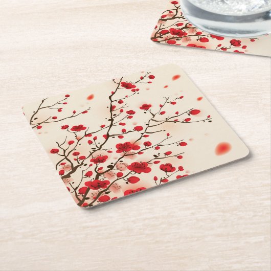 Orientalische Artmalerei, Pflaumenblüte im Rechteckiger Pappuntersetzer (angewinkelt)