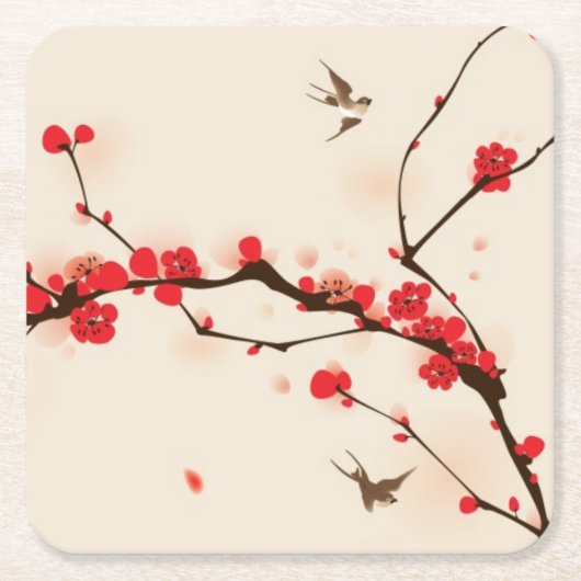 Orientalische Artmalerei, Pflaumenblüte im Rechteckiger Pappuntersetzer (Vorderseite)