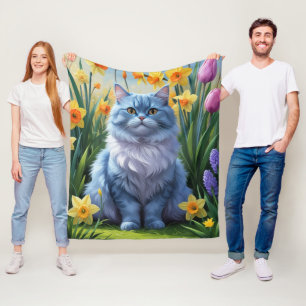Orientalische Blaue Katze Frühjahrsblumenmalerei  Fleecedecke