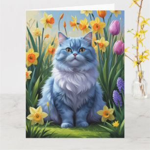 Orientalische Blaue Katze Frühjahrsblumenmalerei  Karte