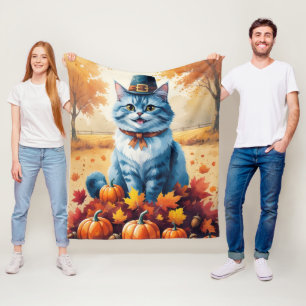 Orientalische Blaue Katze im Herbstlaub Erntedankf Fleecedecke