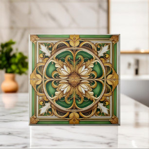 Orientalische Blumenornamentfliese - Grün und Gold Fliese