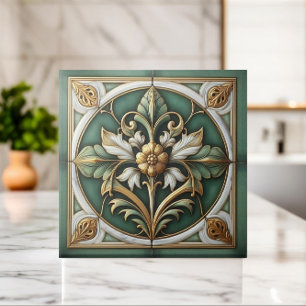 Orientalische Blumenornamentfliese - Grün und Gold Fliese