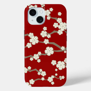 Orientalische Creme Sakura Zen Kirsche Blüten Rot iPhone 15 Hülle