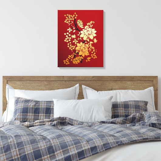 Orientalische Golden Blume auf Rot Leinwanddruck (Insitu (Schlafzimmer))
