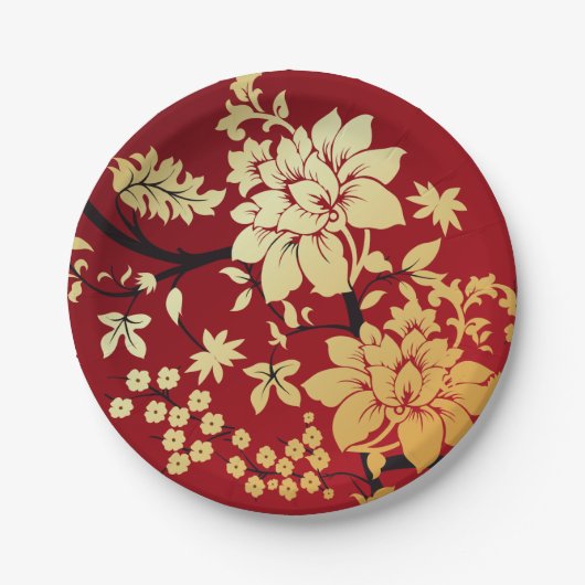 Orientalische goldene Blumen auf Rot Pappteller (Vorderseite)
