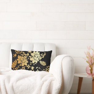 Orientalische goldene Blumen auf Schwarzem Lendenkissen