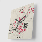 Orientalische Kunst Sakura mit Kanji Quadratische Wanduhr (Winkel)