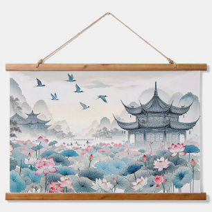 Orientalische Tempel und Lotus-Blume Wandteppich Mit Holzrahmen