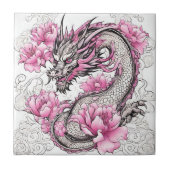 Orientalischer Drache mit kräftigen rosa Blume Fliese (Vorderseite)